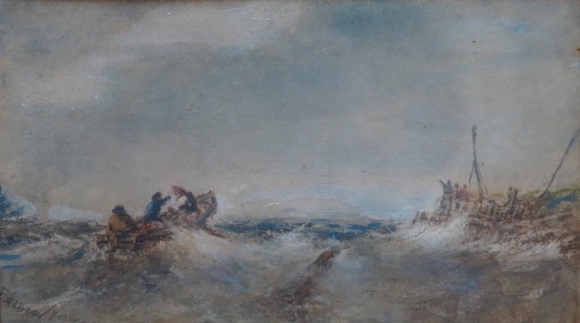 Edwin Hayes (1820-1904), watercolour, Fishing boat leaving the harbour, signed in pencil, 12 x 21cm. Condition - fair